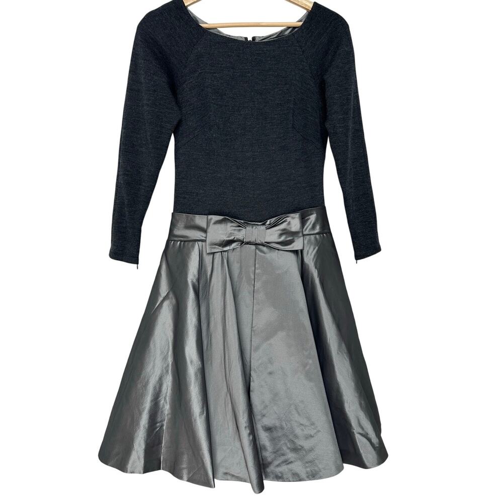 Rickie Freeman Teri Jon Wool Fit and Flare Bow Taffeta Dress | Gray Silver |SZ 2